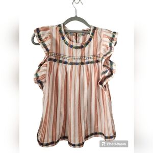 Linen Blend Hailey and Co Tunic Style striped shirt with Embroidered border Sz.S